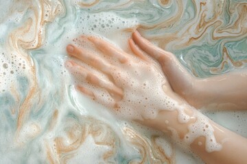 Fototapeta premium Handsoap. Housemaid's Clean Hands Washing in Kitchen Sink with Foam and Water