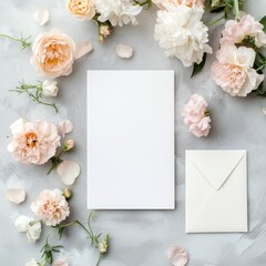 Elegant floral arrangement with stationery elements on a textured surface