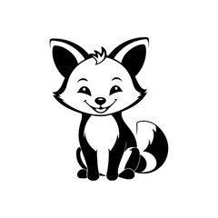 A sleek black and white vector illustration of a baby fox looking up with bright eyes and a friendly smile on a white background