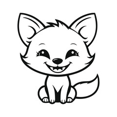 A black and white vector silhouette of a baby fox tilting its head with a joyful grin on a white background