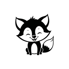 A black and white vector illustration of a baby fox standing with perked ears and a happy expression on a white background