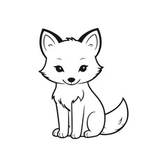 A black and white vector silhouette of a baby fox sitting with a cheerful smile on a white background