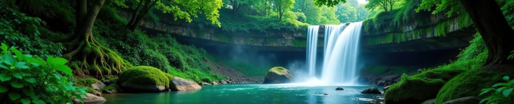 Serene and majestic waterfall cascading down lush green cliffs in a tranquil forest setting,  rocks,  landscape