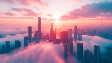 Fototapeta premium The landscape of the fairy-tale city of skyscrapers and tall buildings in pastel pink clouds. A fantasy destination from a bird's eye view