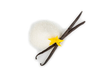 Aromatic vanilla sugar. Vanilla pods. Vanilla sticks, brown and white sugar isolated on a white background. Vanilla flowers, spices and herbs for desserts and baking. Space for text. Copy space