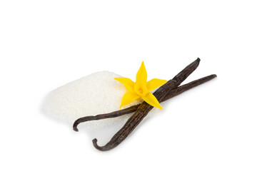 Aromatic vanilla sugar. Vanilla pods. Vanilla sticks, brown and white sugar isolated on a white background. Vanilla flowers, spices and herbs for desserts and baking. Space for text. Copy space