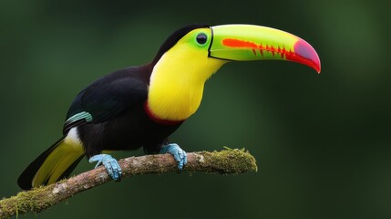 Fototapeta premium Vibrant Toucan Perched on Branch Against Soft Green Background