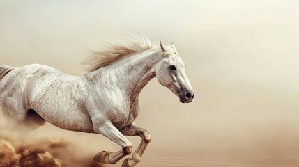 Obraz premium Majestic White Horse Galloping Across Dusty Landscape in Motion