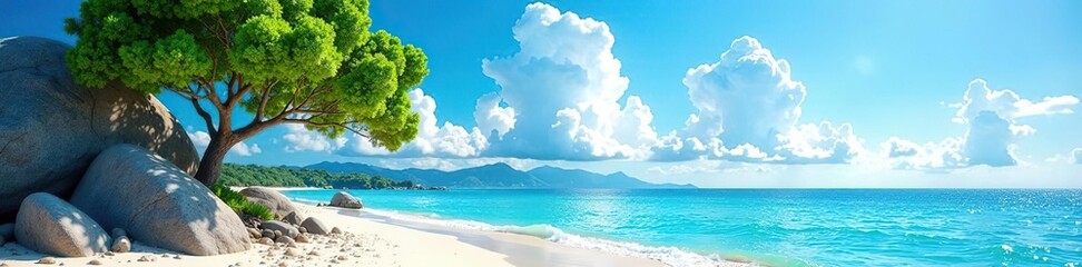 Serene beach scene with green tree, blue sky, white clouds, framed by large gray rock, serene,  moana