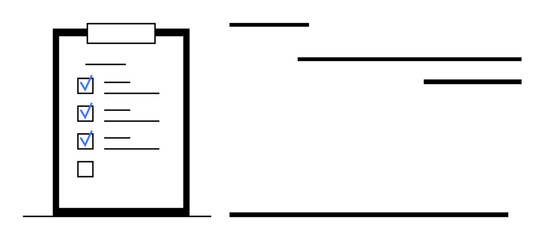 Checklist on clipboard with marked tasks and rows for notes. Ideal for organization, planning, task tracking, productivity, workflow management, scheduling, evaluation. Flat simple metaphor