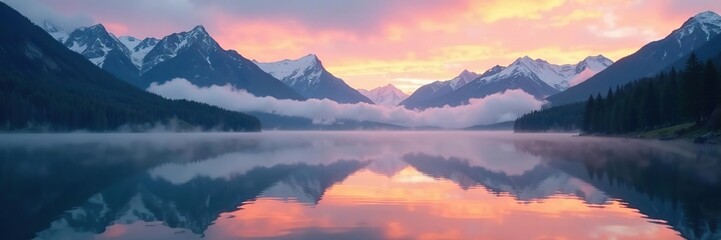 Serene dawn at Lake Matheson with fog-covered mountains in background,  misty,  Westland District