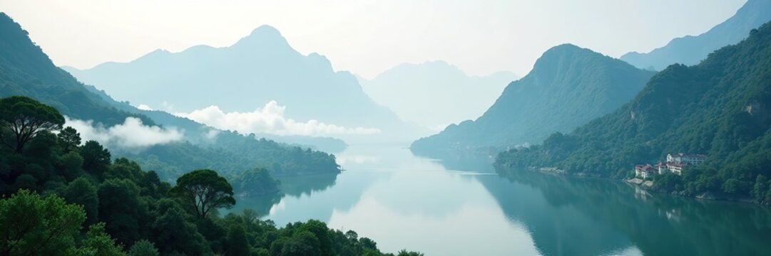 Serene Chinese landscape with misty mountains and tranquil rivers,  classical,  paintings