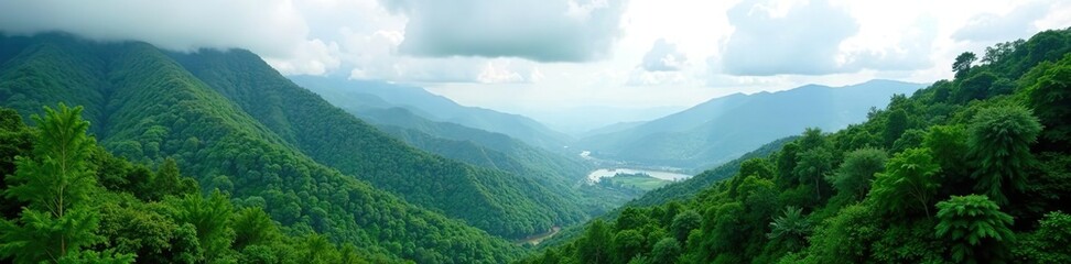 Obraz premium Lush green mountain forest landscape with cloudy sky in Maehongson, Thailand, forest, panorama