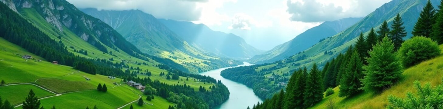 Serene green landscape in majestic mountains with winding river,  valley,  mountains
