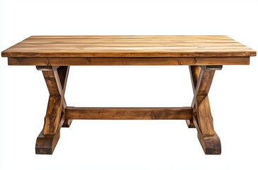 A rustic wooden dining table isolated on a white background conveys enduring charm and organic simplicity.