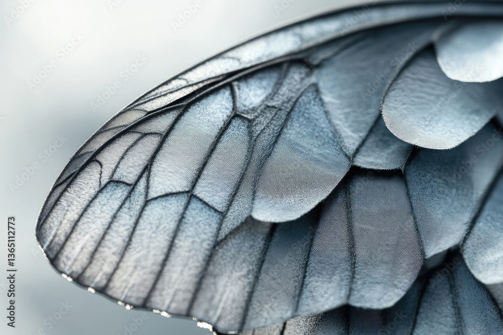 Poster close-up of a butterfly wing, showcasing intricate details and delicate scales in grayscale.