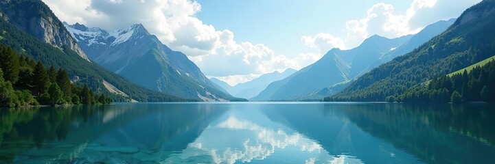Obraz premium Serene lake surrounded by majestic mountains, ideal for landscape photography or travel imagery, tranquil, tourism