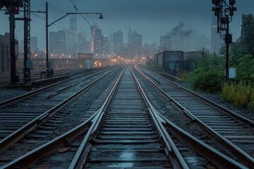 Fototapeta premium Urban train tracks lead to a city skyline under a moody evening sky