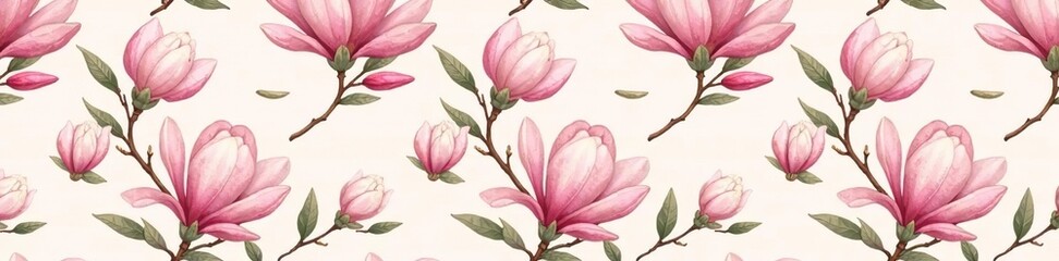 Naklejka premium Hand drawn seamless pattern of magnolia flowers in pastel colors, perfect for prints and textiles, decorative, blooming