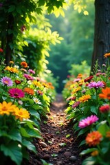Obraz premium Lush garden filled with colorful edible flowers and medicinal plants, creating a vibrant and healing atmosphere, edible flowers, bloom