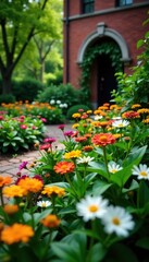 Obraz premium Lush garden filled with colorful flowers and green plants against a backdrop of a brick building, colorful flowers, environment