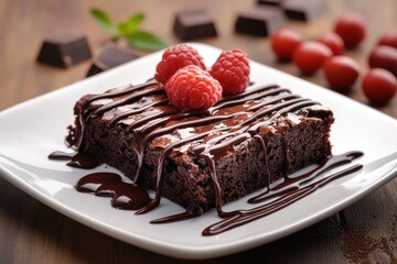 Chocolate brownie with syrup and raspberries on the white plate. Great for food blog, sweet dessert or baking projects.