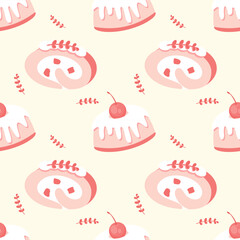 A seamless pattern featuring stylized cakes and roll cakes in pastel pink and white hues. The design evokes a sweet, perfect for fabric, textile, and paper wrap.