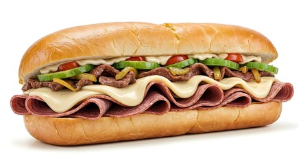 Delicious Philly Cheesesteak Hoagie with Melted Cheese, Roast Beef, and Fresh Vegetables