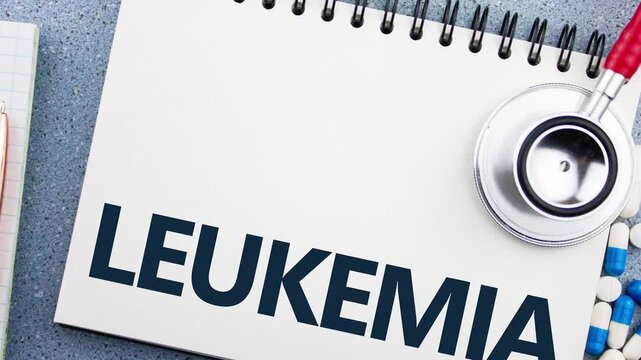 The LEUKEMIA diagnosis concept. Treatment of leukemia. The word leukemia on a notepad on the doctor's desk, with a stethoscope and medications,animation