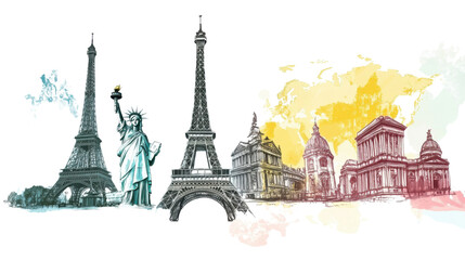 Obraz premium a hand drawn collage of world landmarks isolated on white background