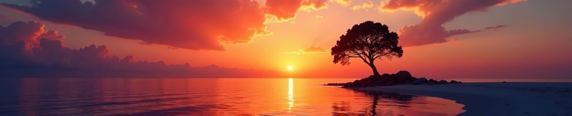 Silhouette of lone tree on tranquil ocean water during vibrant sunset,  horizon,  orange