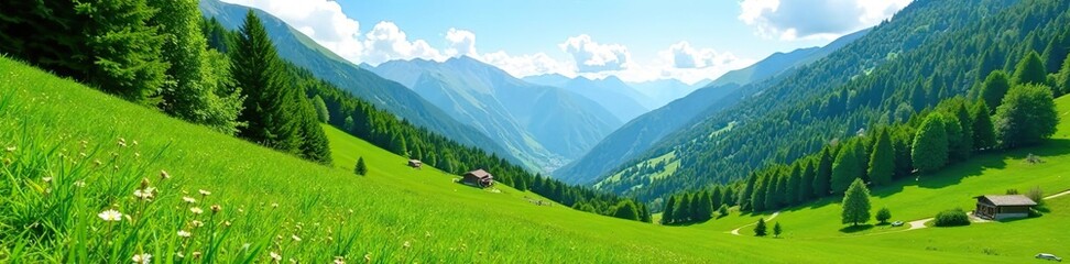 Lush green alpine meadow in Svaneti Valley, Caucasus Mountains on sunny summer day,  nutritious, Caucasus