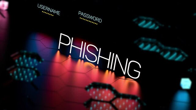 PHISHING text, word with password and username. Phishing, digital concept, animation. 3D render