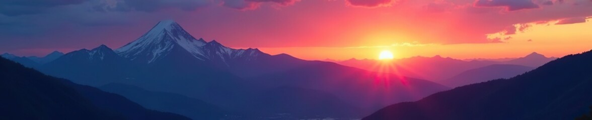 Obraz premium Mountain landscape featuring colorful sunset with silhouetted peaks and glowing sky, sunset, scenic