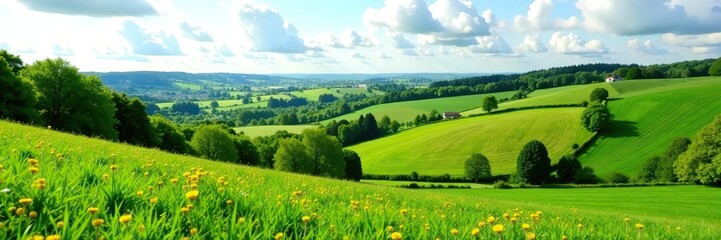 Rolling hills and lush green countryside of the Cotswolds, UK,  rural,  United Kingdom