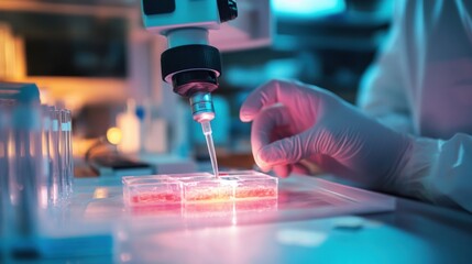 A bioengineer designing lab grown skin for burn victims, medical lab with cell cultures, bio-printers