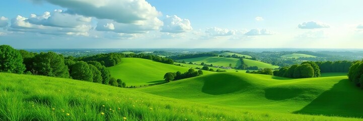 Obraz premium Rolling hills and lush green landscapes of the Lesser Poland Upland in Poland, portraying a tranquil and picturesque scene, scenic, illustration