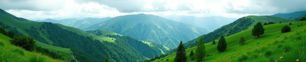 Fototapeta premium Green mountains with lush vegetation under a grey cloudy sky, scenic, serene