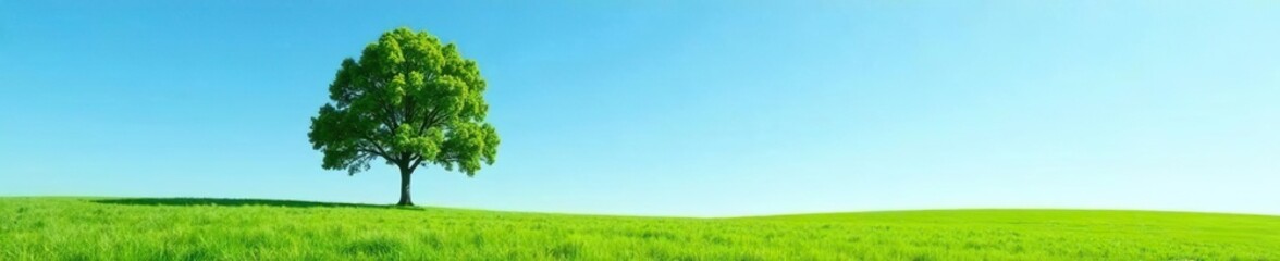 Fototapeta premium Isolated tree standing tall in a lush green meadow under a clear blue sky, representing solitude and tranquility, rural, lonely