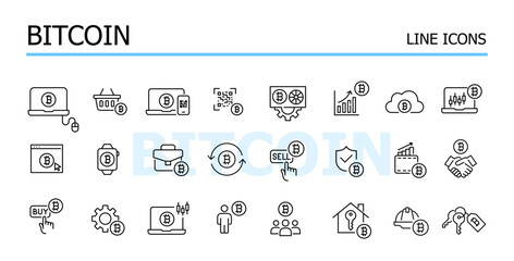 24 bitcoin and finances related vector icons. Transactions, crypto wallets, mining and investment. Digital currency for payments and transactions