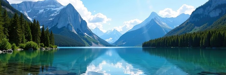 Fototapeta premium Serene Maligne Lake surrounded by towering mountains under blue sky, reflection, water