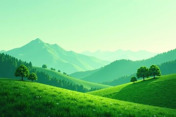 Minimalistic abstract green landscape with serene mountains and rolling hills,  backdrop,  tranquil