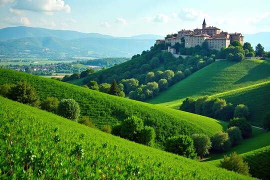 Rolling hills covered in lush green vineyards and olive groves, with the medieval town of Orvieto perched atop a volcanic rock plateau in the background,  serene,  agriculture