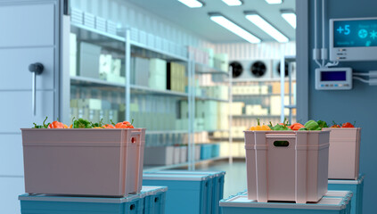 Plastic crates filled with fresh vegetables are placed in a cold storage room with shelves, cooling units, and temperature control systems 3d image