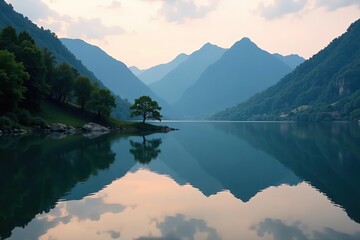 Fototapeta premium Mountain peaks and trees reflecting in tranquil lake Suwa during the break of dawn, creating a serene and peaceful landscape, mountains, morning