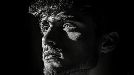 Man in Shadow: Black and White Portrait of Pensive Young Man Against Dark Background, Evoking Introspection
