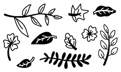 Fototapeta premium A variety of leaves, twigs and flowers. Flat monochrome doodle illustration. Vector elements on a white background. Autumn and spring foliage. Garden illustration, garden maintenance