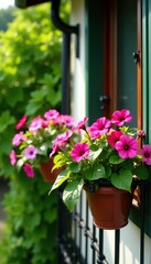 Hanging petunia flowers in tilted angle baskets on balcony with lush green foliage backdrop,  foliage,  nature
