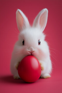 Minimal Easter wallpaper with a white rabbit holding a red Easter egg  against a red background. Close up.	