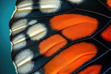 Close-up of a butterfly wing showcasing intricate details of orange, black, and white patterns.